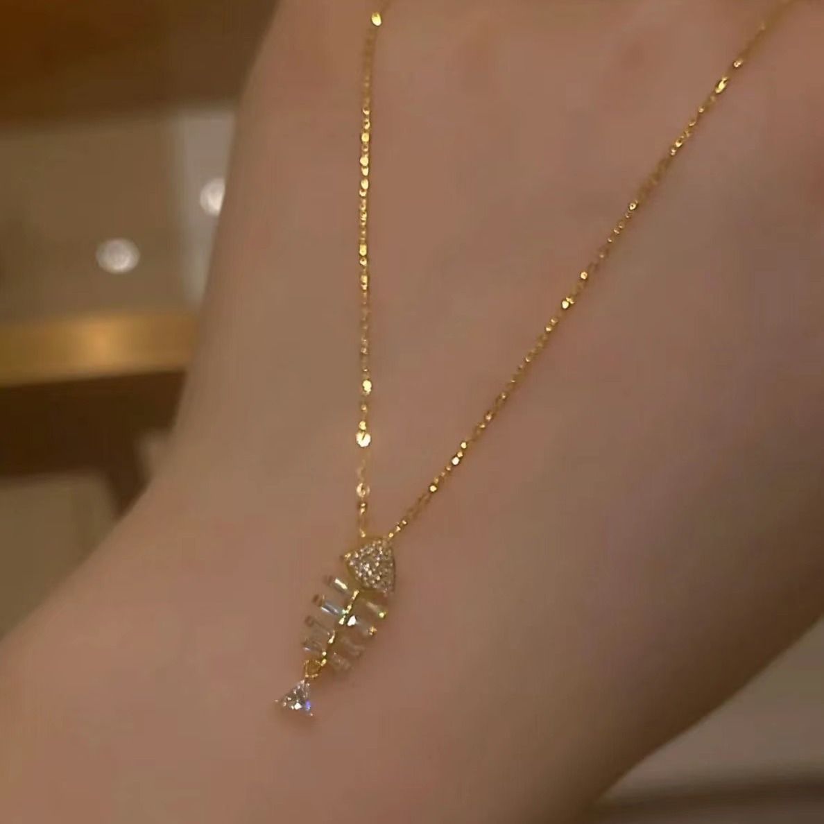 Fishbone Diamond Necklace For Women Elegant Niche Collarbone Chain_voghion.com