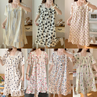 Court style tie-dyed striped square collar bow short-sleeved nightdress women's loose cotton-like ruffled cloth students can wear outside at home