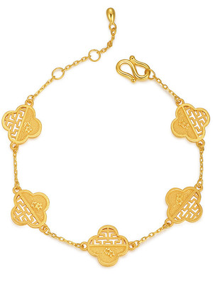 四叶草手链镀24K越南砂金哑光镂空梅花手饰 复古窗花梅花硬金细链|ru