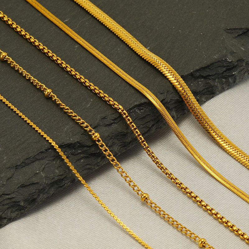 Cross-border European and American stainless steel non-fading necklace, gold-plated, lightweight luxury push-lock chain, clip-bead chain, plain chain, finished product wholesale