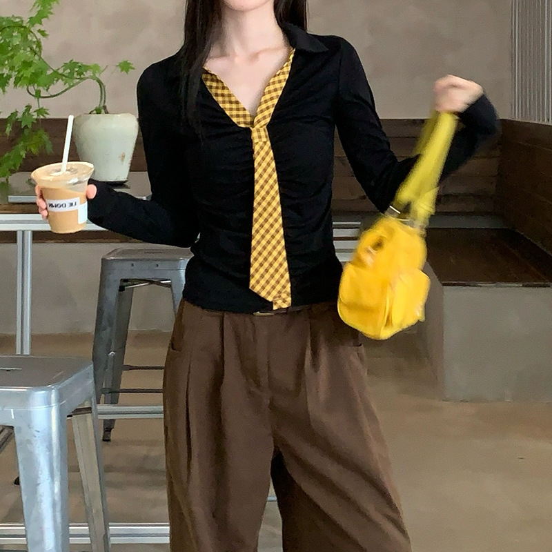 槿一 黑色巨好看内搭打底衫女秋季韩系穿搭修身早秋长袖t恤上衣潮|undefined