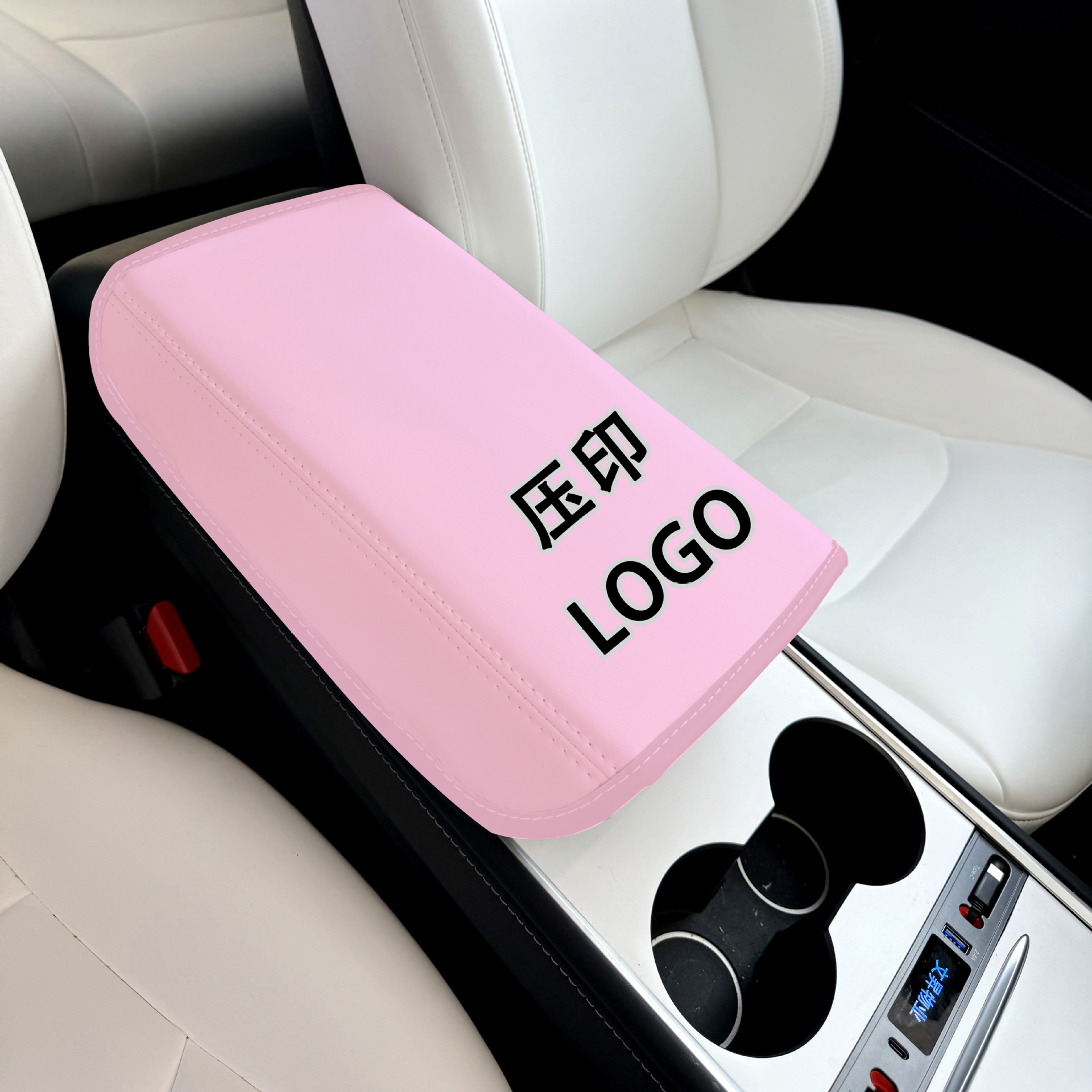Tesla – Armrest box pad 3/Y Armrest - tesla-embossed-pink