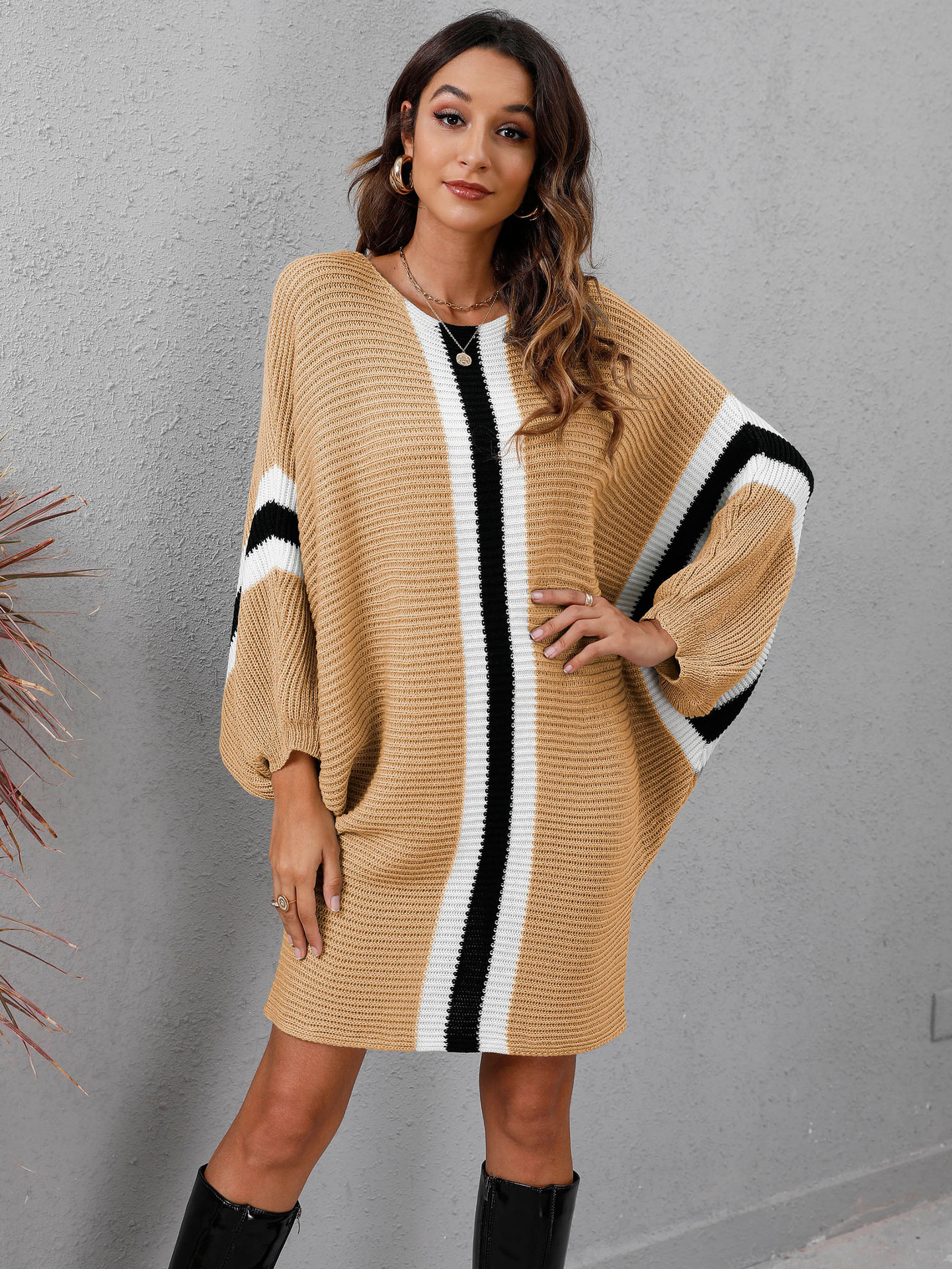 Autumn loose bat sleeve contrast stitching knitted sweater dress nihaostyles wholesale clothing NSOY91114