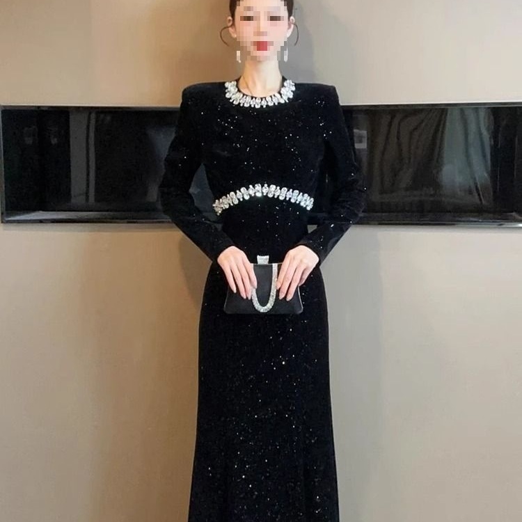 European-style Black For Women, Spring Collection, Heavy-duty Rhinestone Embellished Party Gown, Light Luxury Fishtail_ecoleips.com