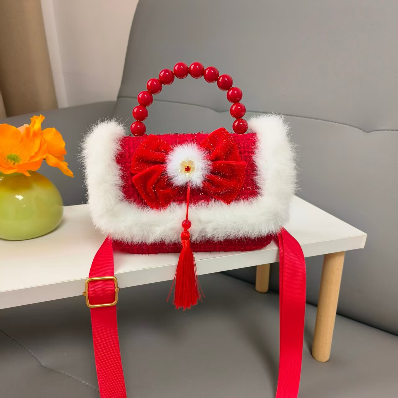 Bolso de la princesa portátil de perlas de Año Nuevo gran rojo para niños bolso de Año Nuevo bolso de chicas bolso de cadena pequeña bolsa de accesorios de viento fragante