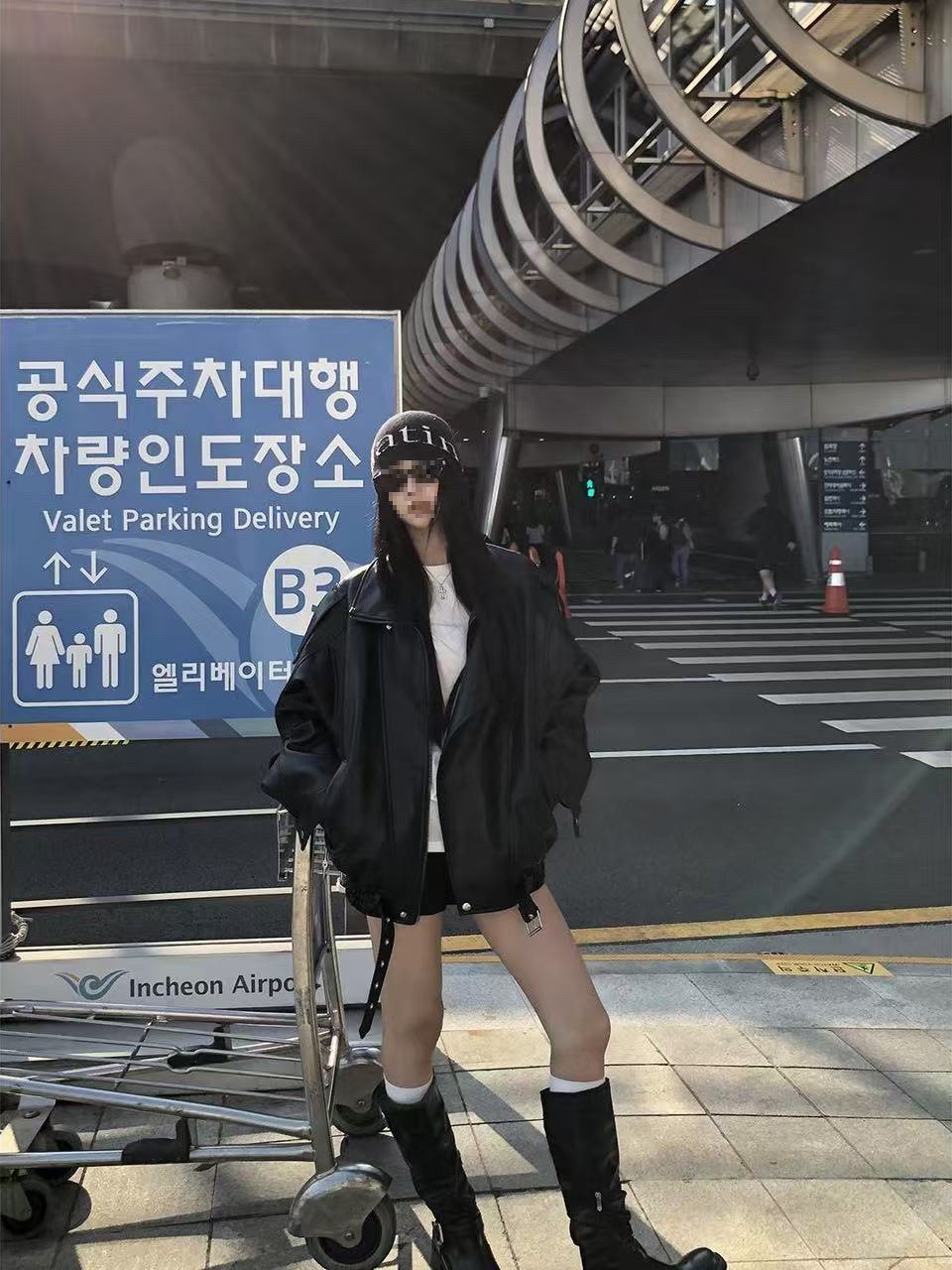 Black Leather Jacket Women's Autumn New American Motorcycle Jacket Silhouette Jacket