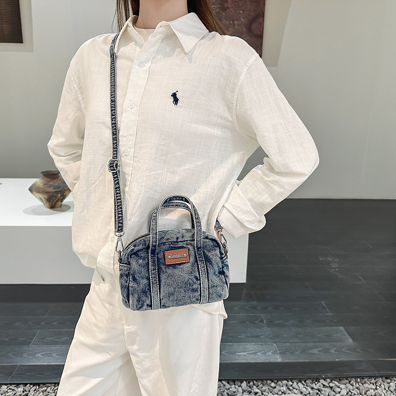 Washed Denim Mini Boston Zip Crossbody Bag 1