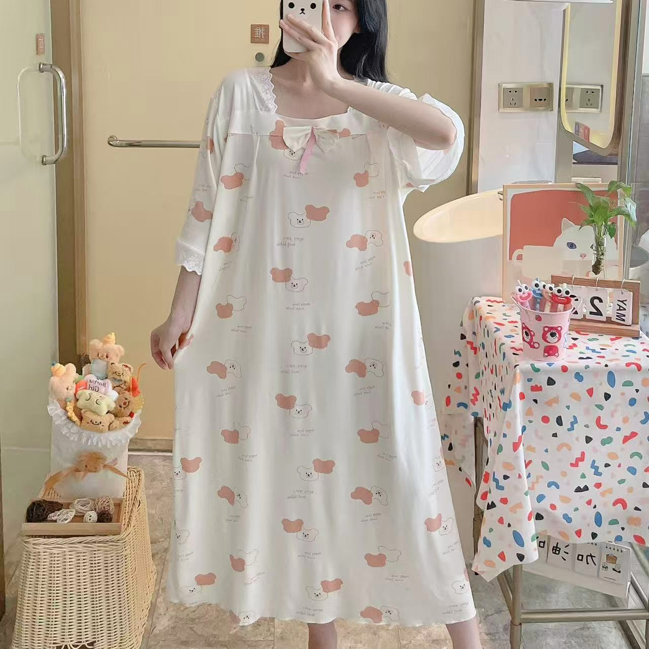 Transfronterizo al por mayor imitación de algodón dulce dibujos animados mangas cortas pijamas de primavera y otoño mujeres verano ropa larga y delgada suelta para el hogar