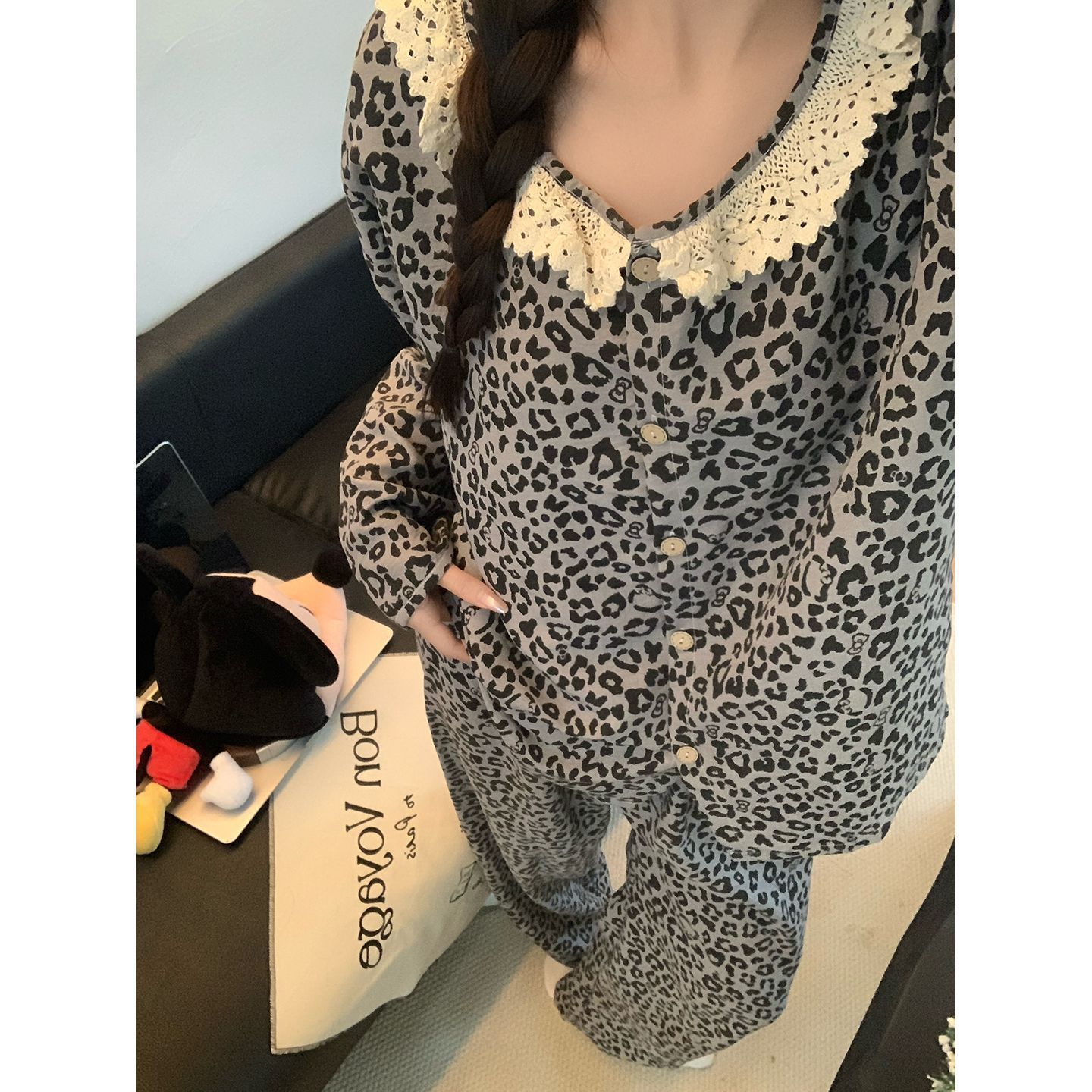 Pijamas de algodón nubes al por mayor transfronterizos primavera y otoño pantalones de manga larga cardigan encaje leopardo ropa casera set
