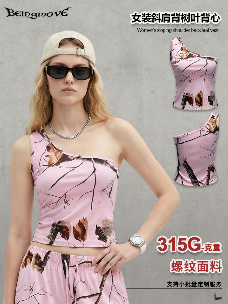 Calle secada| Verano europeo y americano hot chick I-shaped sexy camuflaje chaleco de hombro de hombro inclinado cinturón de moda mujer
