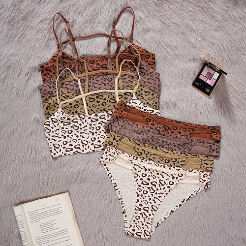 Sexy leopard print bra set, sexy back push-up to prevent sagging, large size seamless women's adjustable underwear