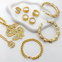 欧美跨境批发工厂大竹节耳环大小美金项链嘻哈合金项链链条项手链