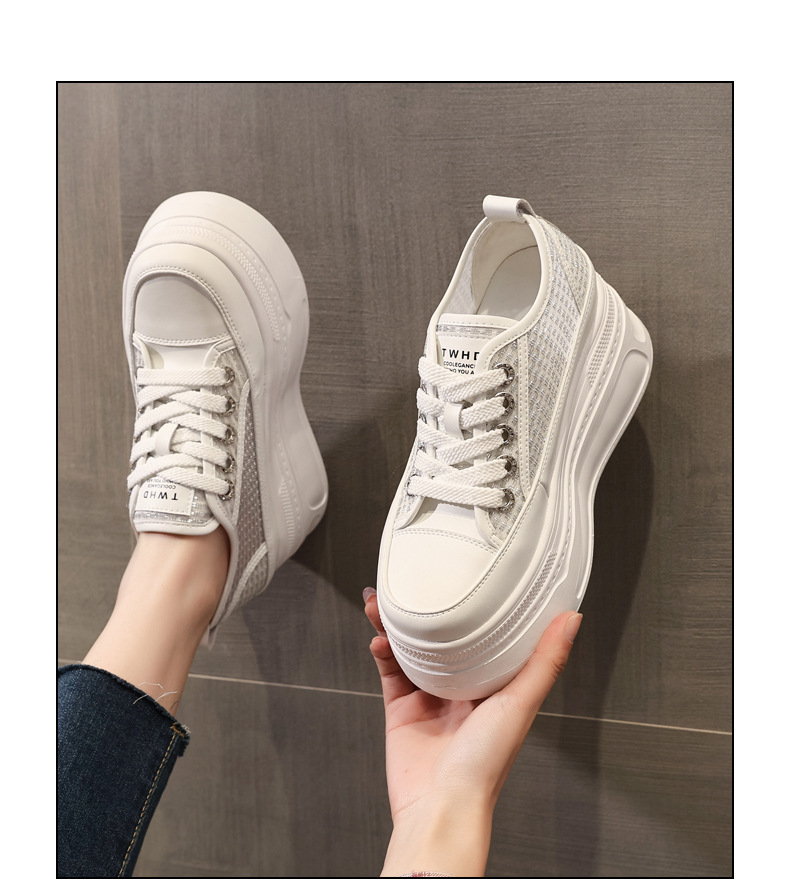 Giày sneaker nữ đế dày tăng chiều cao mùa hè thoáng khí kiểu bánh mì — màu trắng chi tiết 14