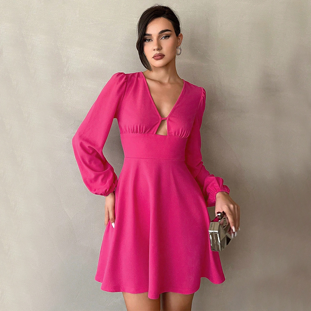 Womens Mini A Line Dress V Neck Puff Sleeves Waist Cinching Autumn Winter Fashion Wholesale Available