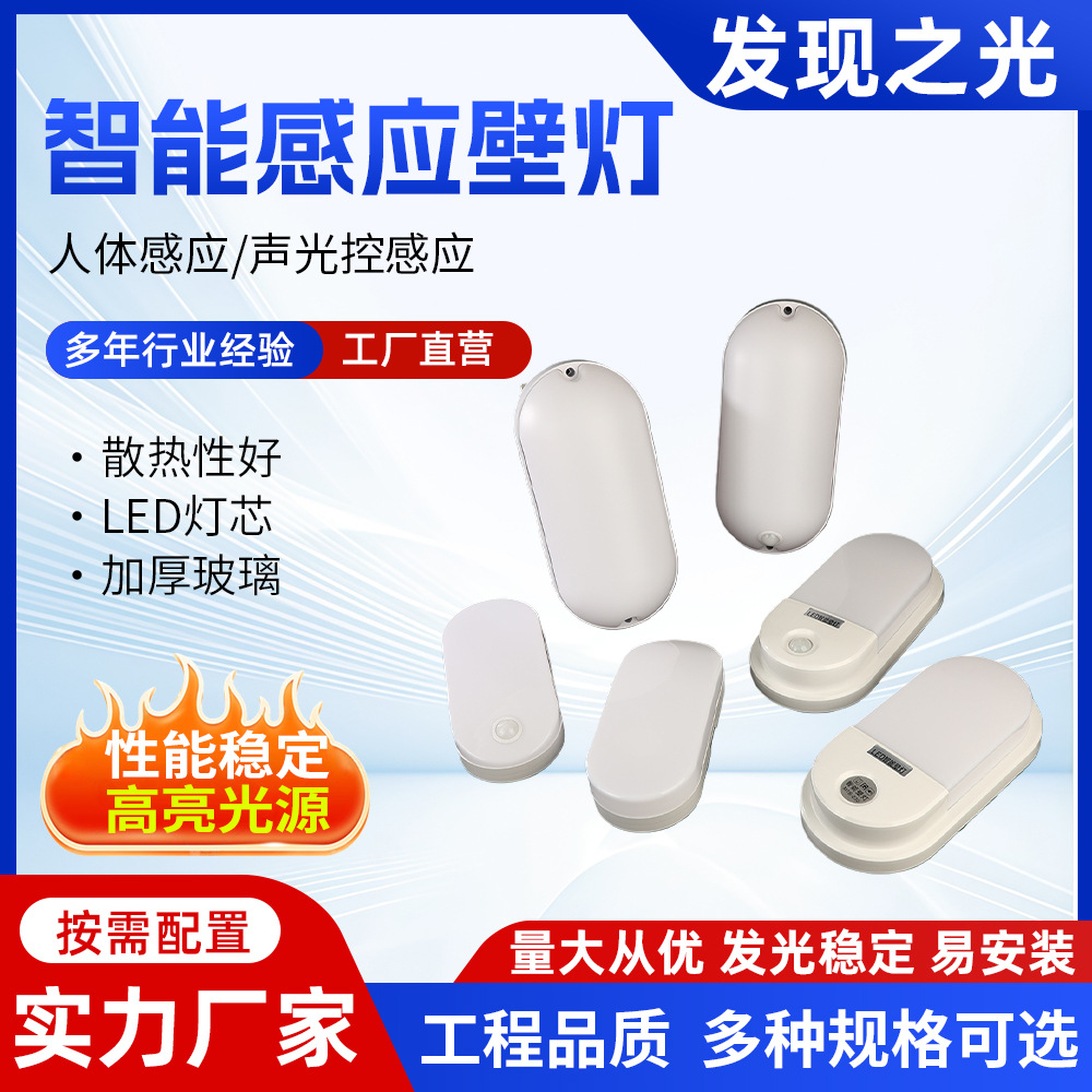 Led Intelligent Human Body Sensing Three-Proof Wall Lamp Indoor Corridor Aisle Sound and Light Control Lamp Delayed Emergency Oval Wall Lamp
