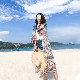 新品 民族风印花长款防晒衣夏季海边度假沙滩披肩女中长款宽松雪