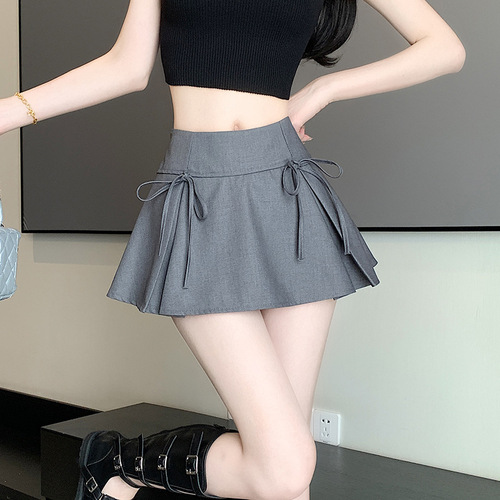 Butterfly knot suit skirt for women, spring and summer tie-up low-waist spicy girl retro college style anti-tease A-line short skirt Instagram