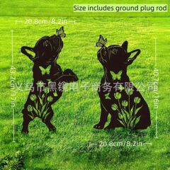 TUME爆款法国斗牛犬金属花园装饰品带有花卉黑色剪影草坪户外装饰