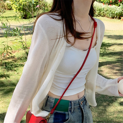 Sun protection cardigan thin women's ice silk knitted jacket summer suspender outer blouse 2024 top white air-conditioning shirt
