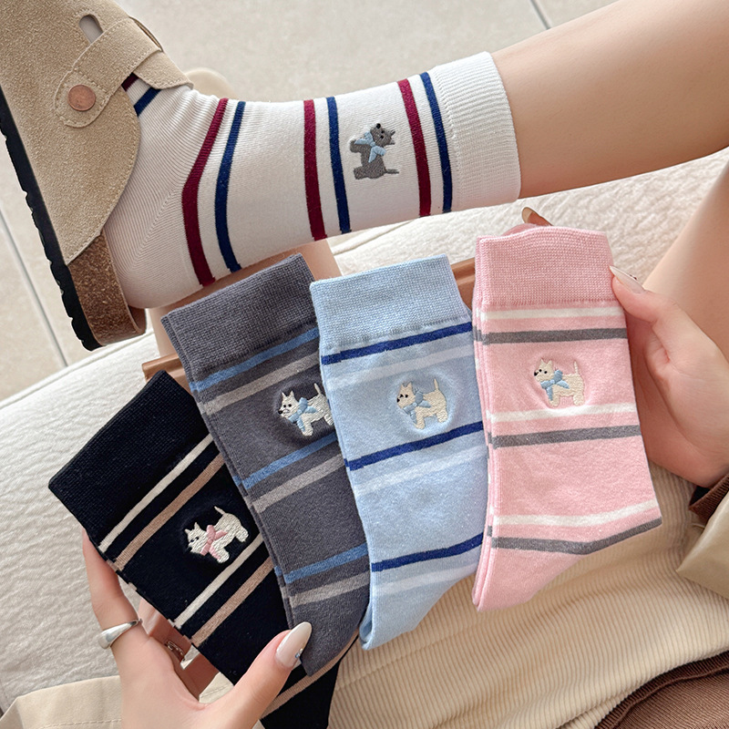 Individually Packaged Socks for Women, Contrasting Stripes, Cute Puppy Embroider Mid-Calf Socks, New Korean Style Casual Pile Socks for Women