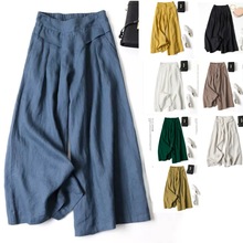 大量现货 欧美外贸女装宽松坠感半松紧高腰薄款文艺棉麻阔腿裙裤