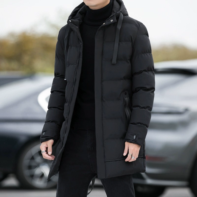 Long winter men's down jacket with hood, mid-length