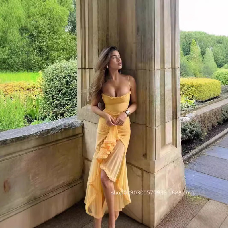 Autumn New Elegant Yellow Suspender Lace Long Dress Sexy Suspender Skirt Wholesale Export Supply Dress