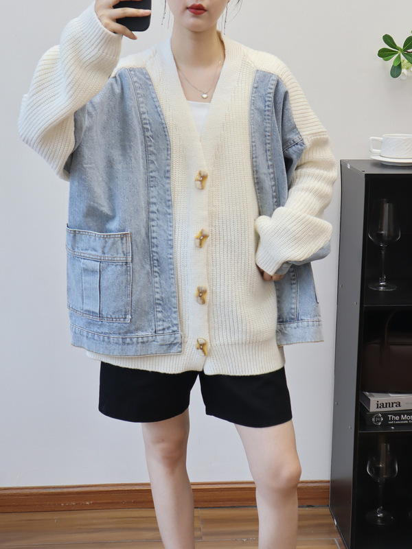 假两件拼接牛仔针织开衫2025秋冬新款韩版宽松设计感毛衣外套女潮|undefined
