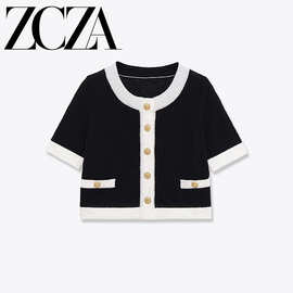 ZCZA 自制 欧美风 新款女装 时尚百搭跨境修身撞色呢圆领针织外套