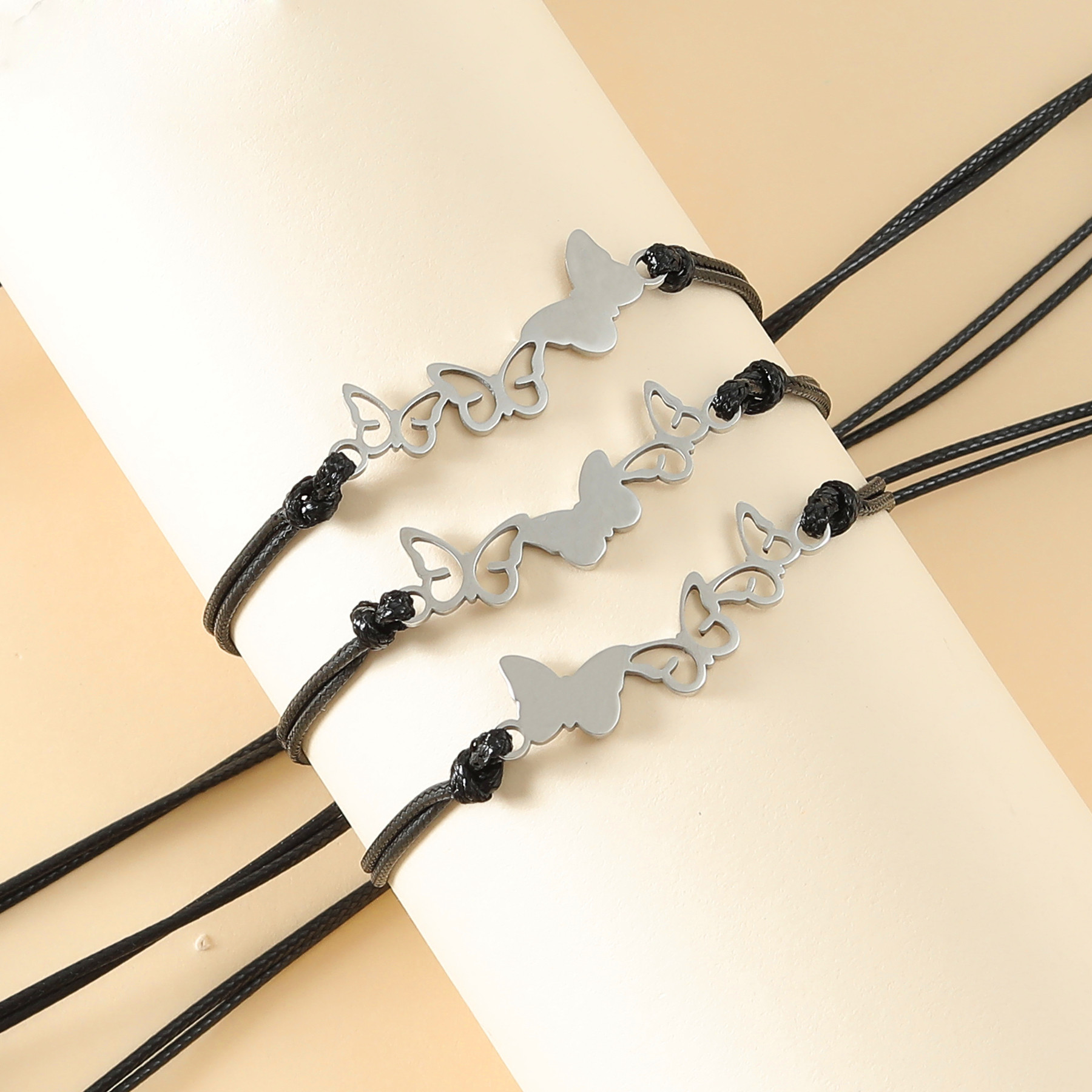 Butterfly Pattern Mama Simple Style Butterfly Stainless Steel Rope Hollow Out Bracelets 3 Piece Set