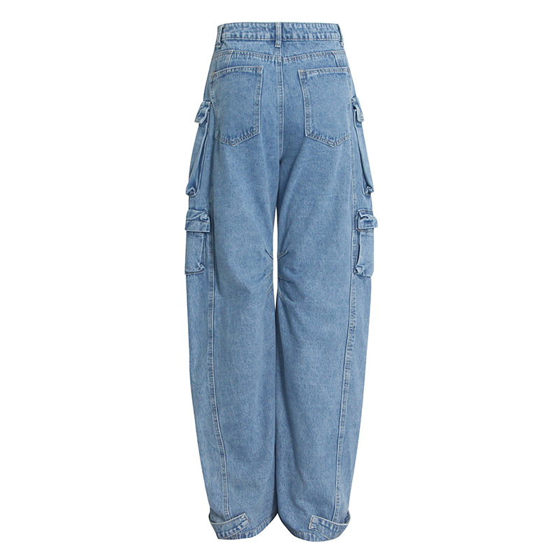 Damenbekleidung Frühling und Herbst Neue Mode Rauchgrau Spleißen Multi Pocket Overalls Street Washed Distressed Lange Hose mit weitem Bein_voghion.com