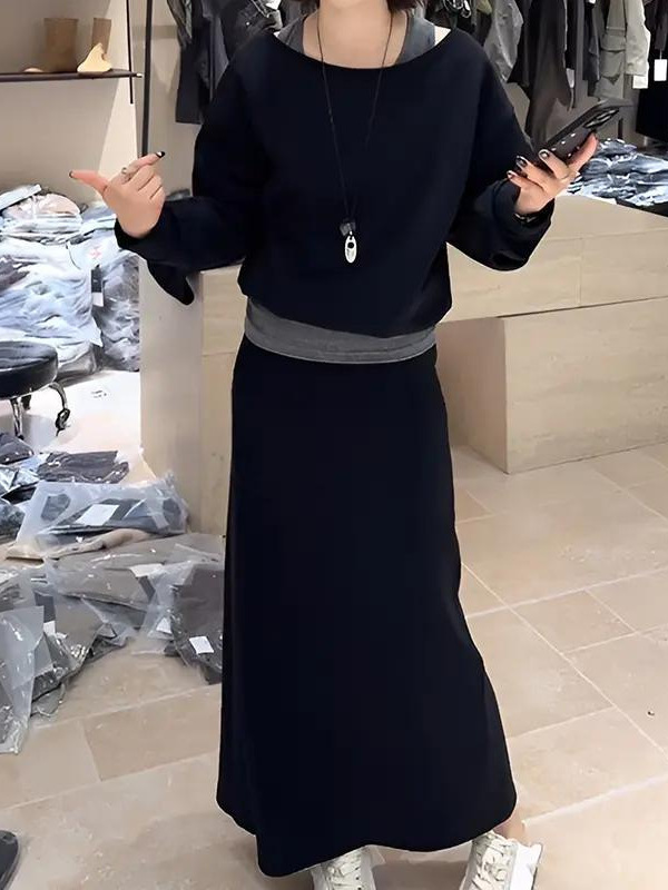 韩系女装设计感黑色假两件斜肩上衣半身长裙宽松显瘦春秋气质套装|undefined