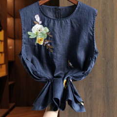 中国風の綿とリネンの女性用ベスト、夏の新しいスタイル、重厚な刺繍ボタンデザイン、ノースリーブトップ、人気のスタイル