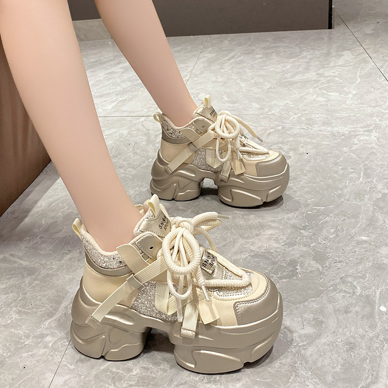 European Women's Shoes 2024 Autumn New Lace-Up Platform Thick-Soled Dad Shoes with Internal Height Increase Sports Casual Shoes for Women
