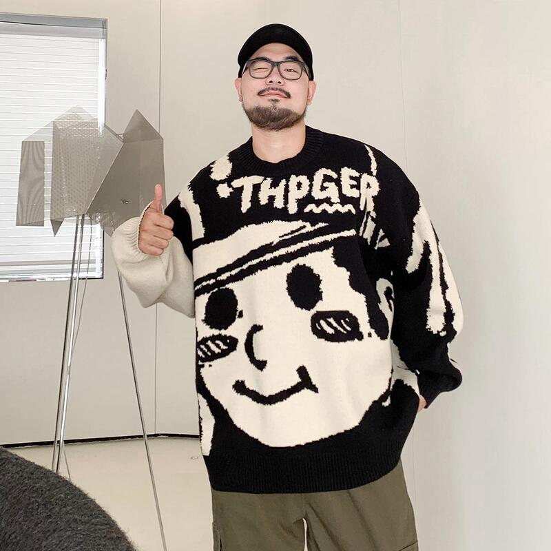 Trendy plus size Men's Fat Winter Cartoon Jacquard Pullover Sweater Men's Loose Plus Fat Oversized Jacket
