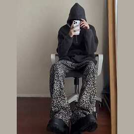 美式高街满印豹纹裤子男款秋季潮牌欧美工装裤宽松直筒长裤图片色