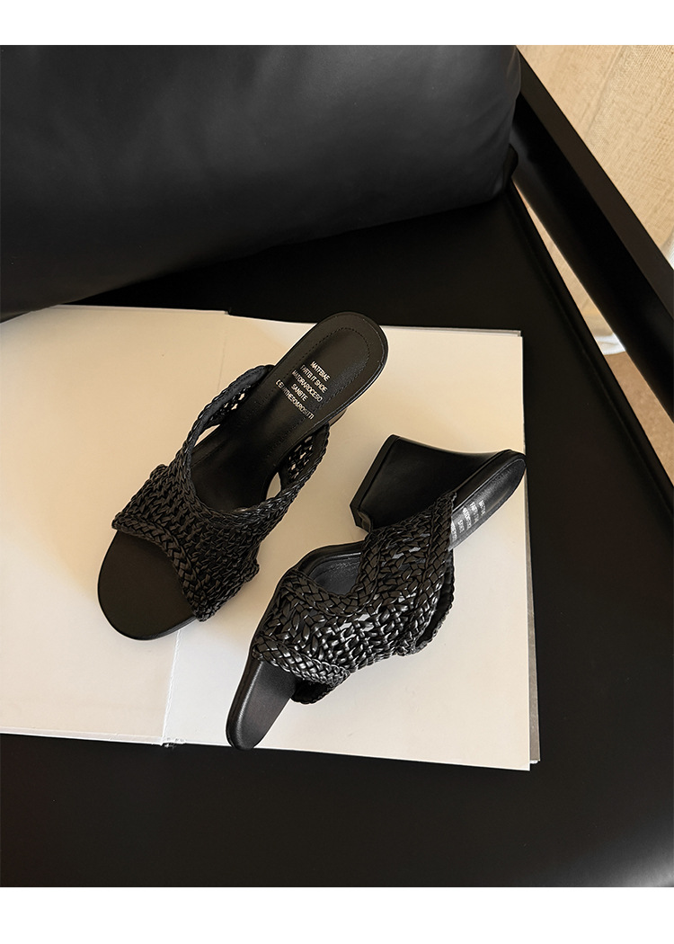 Sandal cao gót nữ hở mũi đan lát phong cách thiết kế độc đáo, gót nêm 9 cm — màu nâu, màu đen, màu trắng chi tiết 18
