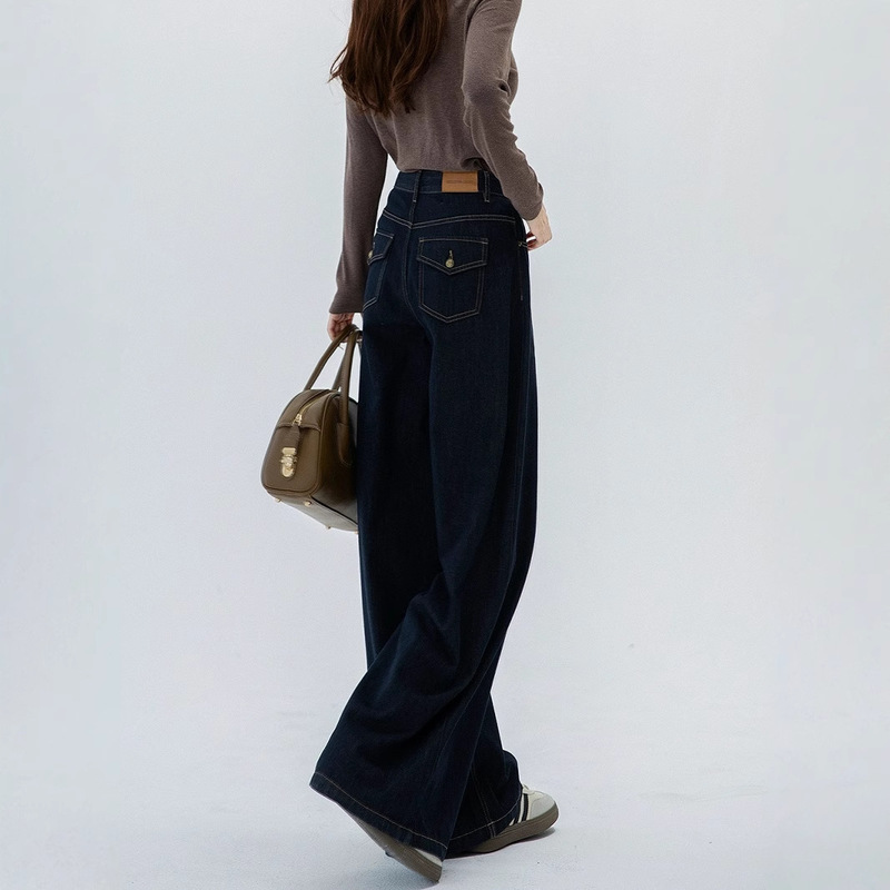 Tannin dark blue Denim long pants high waist straight wide leg early autumn and winter 2024 new women's all-match drape spring and summer Tannin dark blue Denim long pants high waist straight wide leg early autumn and winter 2024 new women's all-match drape spring and summer