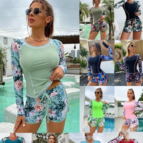 Euro-American diving and surfing suit, long-sleeved, fashionable, sun-protective, printed, split women's swimsuit