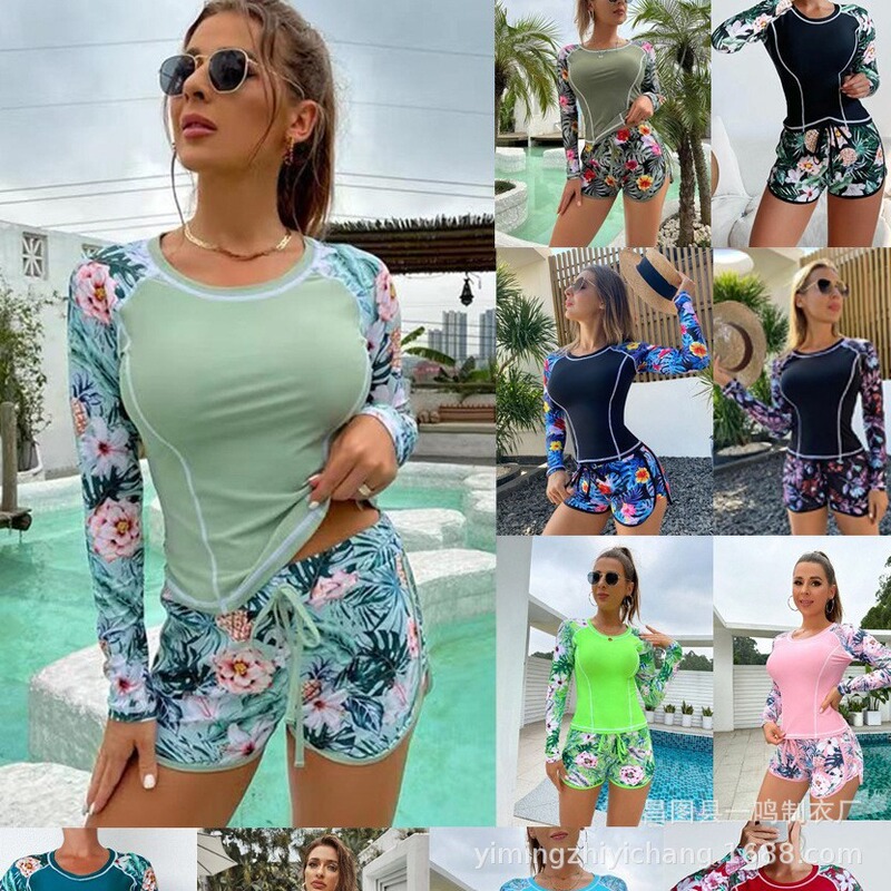 2024 New Cross-border European and American Diving Surfsuit Long-sleeved Fashionable Sunscreen Printed Split Swimsuit Women's Clothing