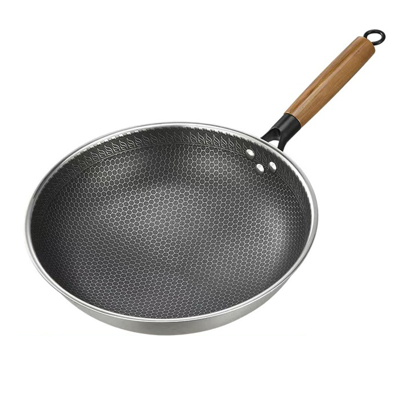 horno electromagnético cóncavo, panela especial, mango de madera, panela antiadherente, panela comercial de hortalizas, 304 panela de acero inoxidable, panela de hierro, panela de fondo redondo