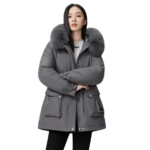 Women's Fashionable Winter 2024 Padded Parka with Hood, Mid-Length Cotton Padded Coat, Fleece-Lined and Thickened Cross-Border Women's Jacket
