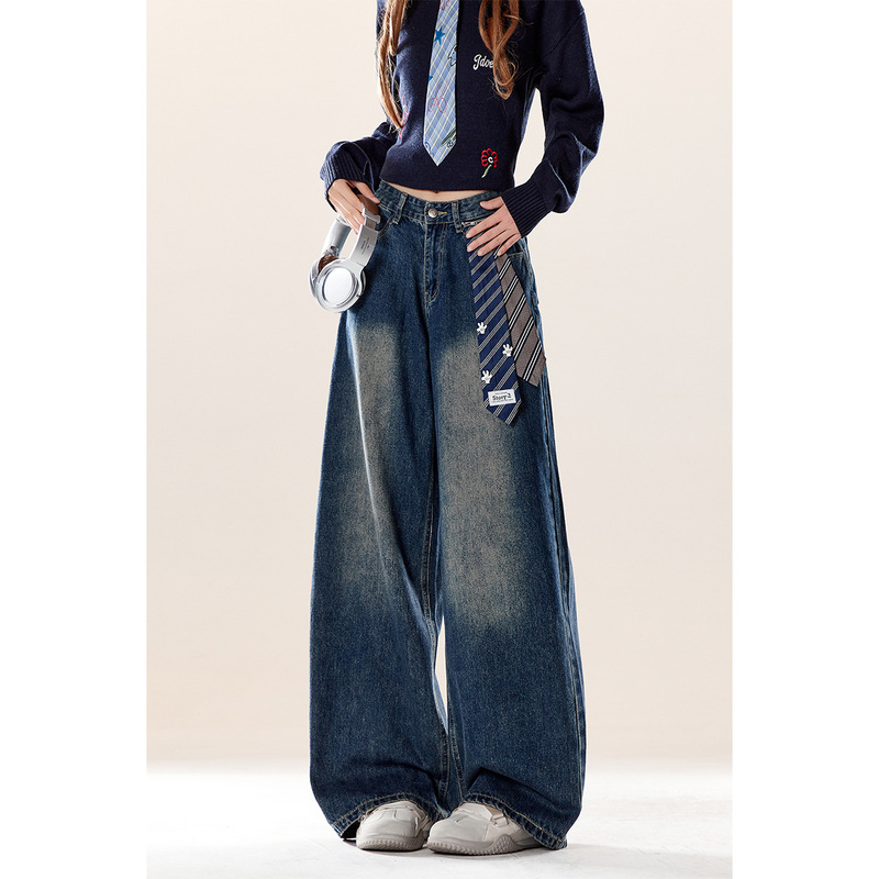Natural Astringent Retro Tie Decorated Jeans for Women Autumn and Winter New Style Washed Loose Lazy Casual Wide Leg Pants