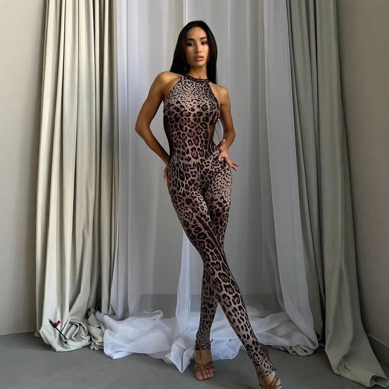 Street Sexy Spice Girl European and American Foreign Trade Women's Crewneck Shoulder Distinctive Fashion Tight High-bounce Leopard Print Pants Trendy