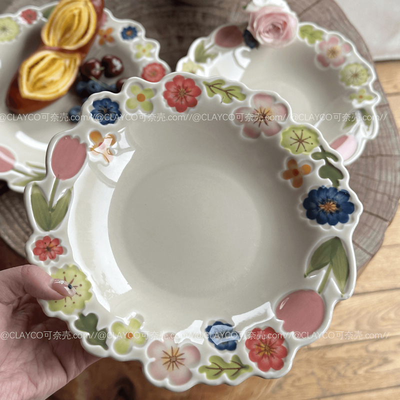 陶瓷花卉系列日式复古陶瓷餐具高颜值釉下彩餐盘家用饭碗水果盘|undefined