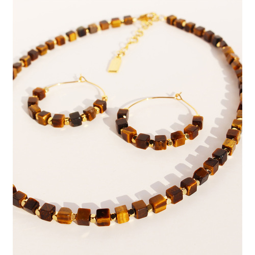Niche design natural square tiger eye stone bead necklace and earrings set women's Maillard beaded earrings 435