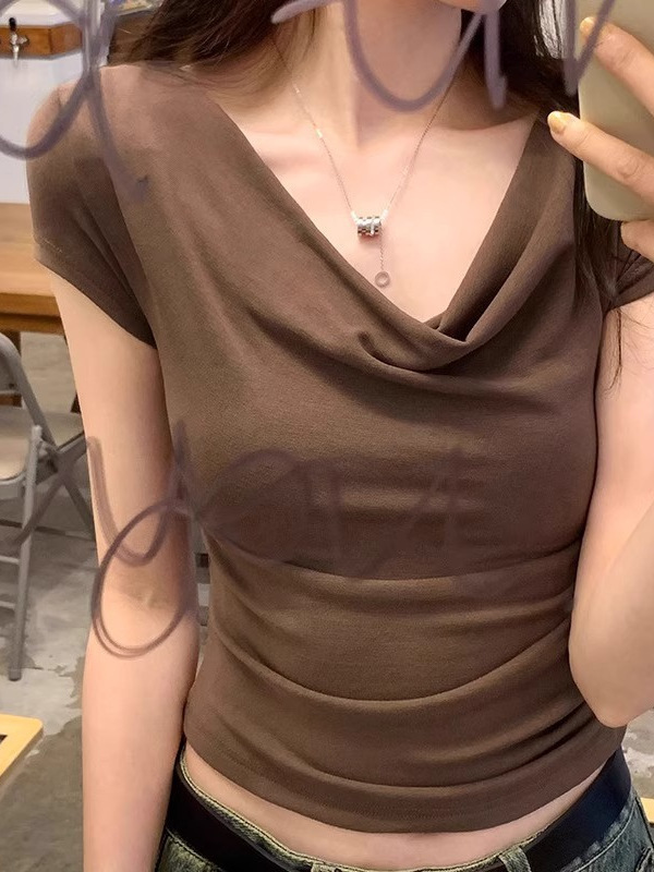 フレンチファッションデザインスイングカラーワンショルダーTシャツ半袖レディース夏スリムホットガールタイトオフショルダーショートトップ|undefined