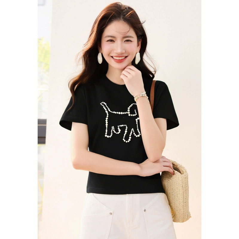 Жемчужный щенок с короткими рукавами американский летний круглый воротник тонкая тонкая тонкая футболка короткий топ женский