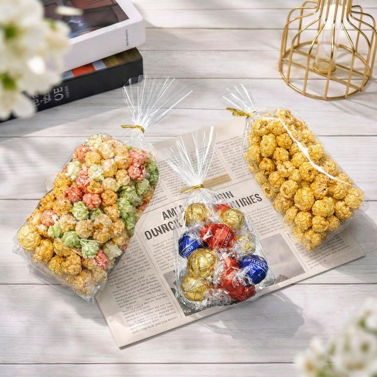 Lotes transparentes de bolsas de vidrio cóncavas insertadas en bolsas de plástico de bolsillo plano de pan dulces palomitas de maíz