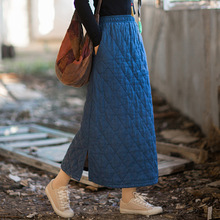 冬新款苎麻夹棉加厚半身裙绗缝菱格宽松文艺国风复古中长女A字裙
